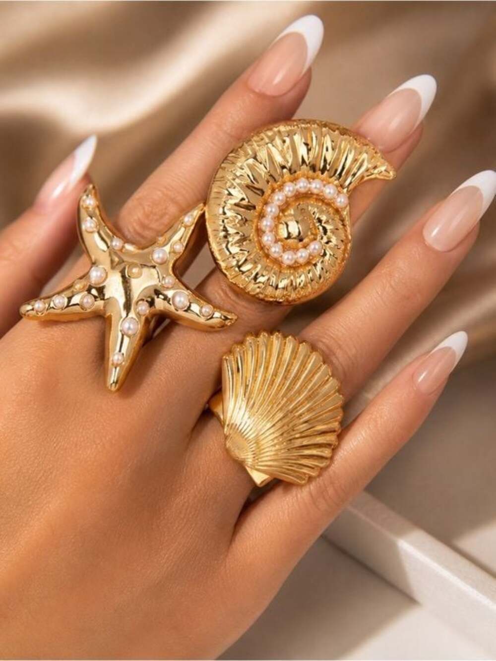 Set 3 Large Sea Shell Rings with Pearl Accents Adjustable OS